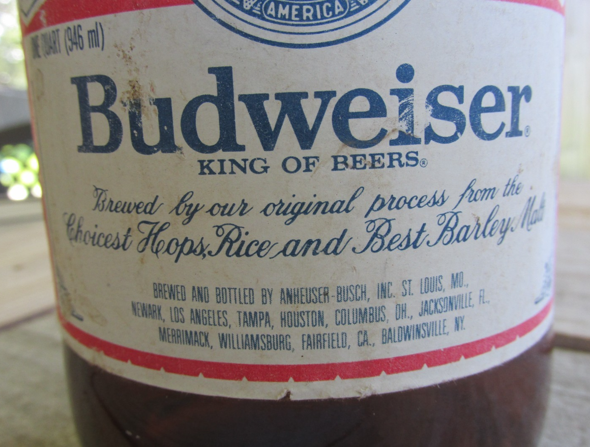 Vintage 1970's Budweiser Amber Glass Beer Bottle Jug 32 Oz Quart