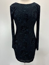 Guess Flocked Velvet Mini Dress Sz 8 Blue Black Whimsigoth Y2K Lined Long Sleeve