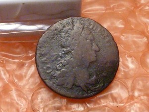 Original 1681 Charles II Colonial Times Hibernia Halfpenny Copper Coin #3