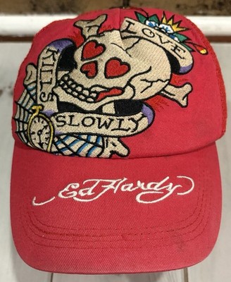 Vintage Ed Hardy Hat Snap Back Red Trucker Love Kills Slowly