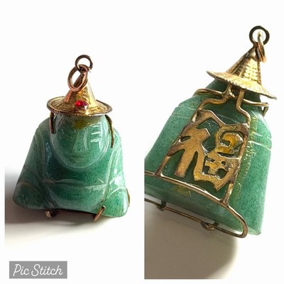 Wonderful Carved Jade 14 K Gold Happy Buddha Fortune Good Luck 1.25  Pendant