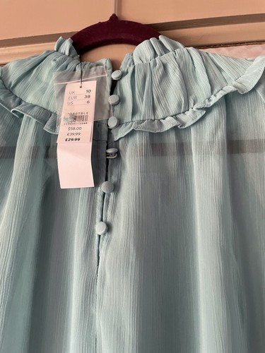 Top Shop Size 10 Elegant Light Teal Sheer High Neck Ruffle Blouse - Picture 6 of 10