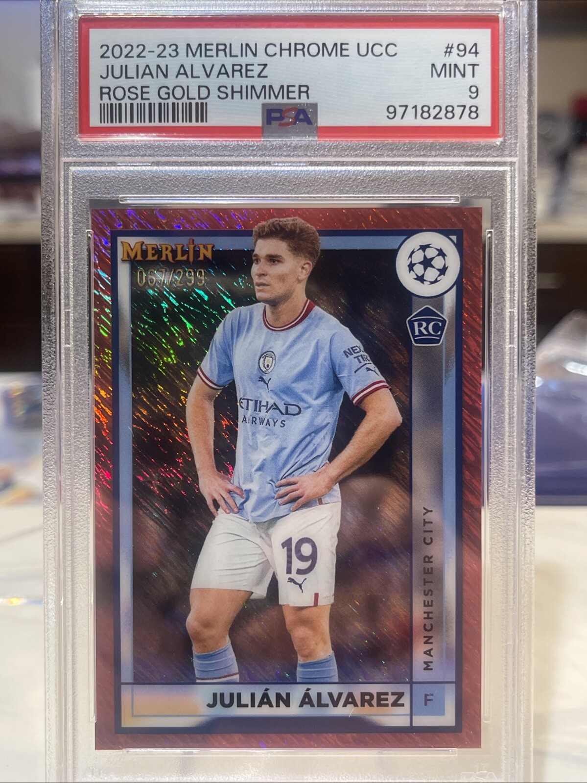 2022-23 Topps Merlin Chrome Julian Alvarez #94 Rose Gold Shimmer /299 RC PSA 9