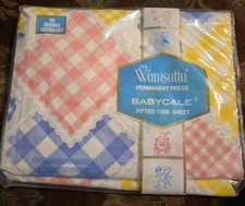 NOS Vtg WAMSUTTA BABYCALE Baby Fitted Crib Sheet UNISEX ANIMALS  GINGHAM CHECK