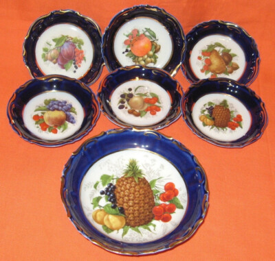 7 Teile Set Dessert Schalen Snackschalen Porzellan Obst + Kobalt + Gold
