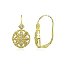 Gold Flash Silver Diamond Accent Filigree Flower Round Leverback Drop Earrings