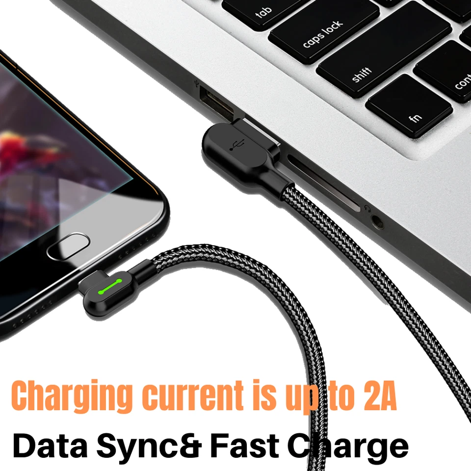 Cable cargador rápido USB cable de carga LED de 90 grados para iPhone 13 12 11 XS XR 8 X Foto 4 de 4