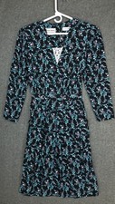 Vintage Karin Stevens Midi Rayon Black Floral Dress Womens Size 12 Cottagecore