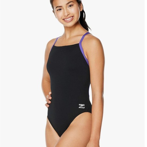 Speedo Women's 14 Swimsuit One Piece Endurance+ Flyback Solid Black Purple NEW