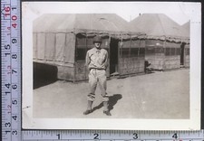 Soldier Standing Outside Tent Military WW2 Era Vintage BW Photo Snapshot