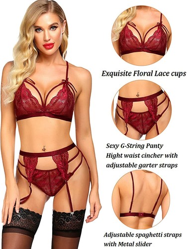 Sexy Women's Sleepwear Lingerie Set Lace Babydoll Outfit Jumpsuit with Garters - 第 20/24 張圖片