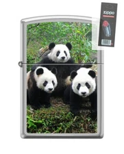 Zippo 201779 3 Panda Bears Design Chrome Lighter + FLINT PACK