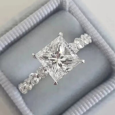 Princess Cut Simulated Solitaire With Accents Wedding Ring 14K White Gold Plated