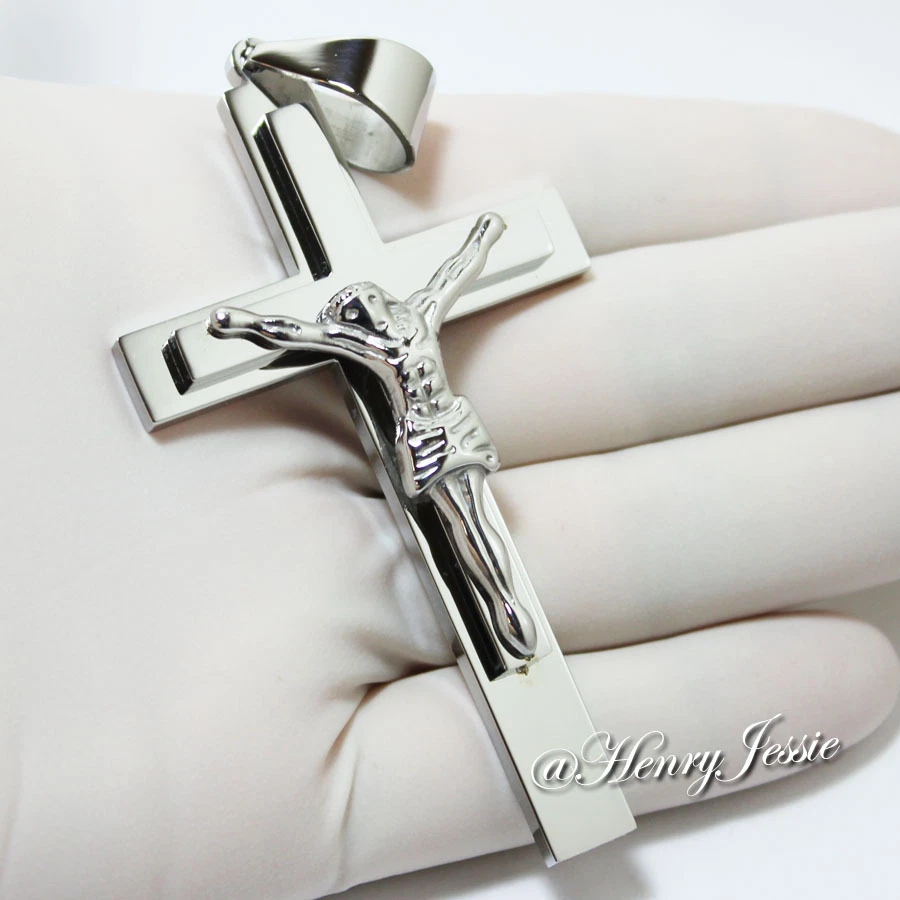 20" HOMBRE Acero Inoxidable 8mm Plata Enclavamiento Hueso Cadena Collar Cruz Colgante*J1 Foto 2 de 4