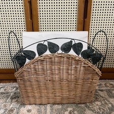 Vtg wicker Wire Stand Magazine Rack LP Record Vinyl Holder Display cottage farm