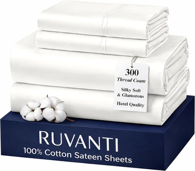 100% Cotton Sheets Queen Size Bed Set - 300 Thread Count Silky Soft Sateen Weave