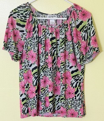 C.D. PETITES Women's Short Sleeve Top Blouse PINK/GREEN/BLK FLORAL Size PM