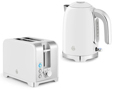 Image of Swan Solace White Kettle & 2 Slice Toaster High Gloss White Finish & Chrome Trim