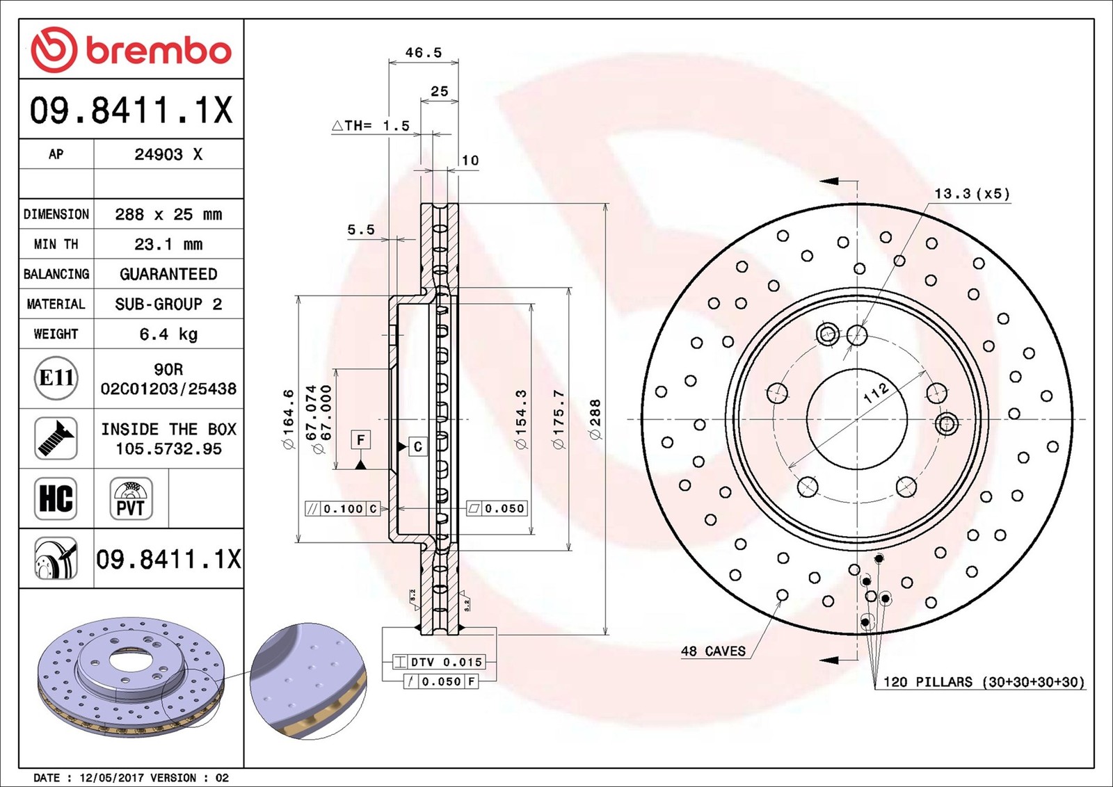 Für BREMBO HAMULCE 09.8411.1X BRAKE DISC FRONT 288X25 V XTRA - Bild 9