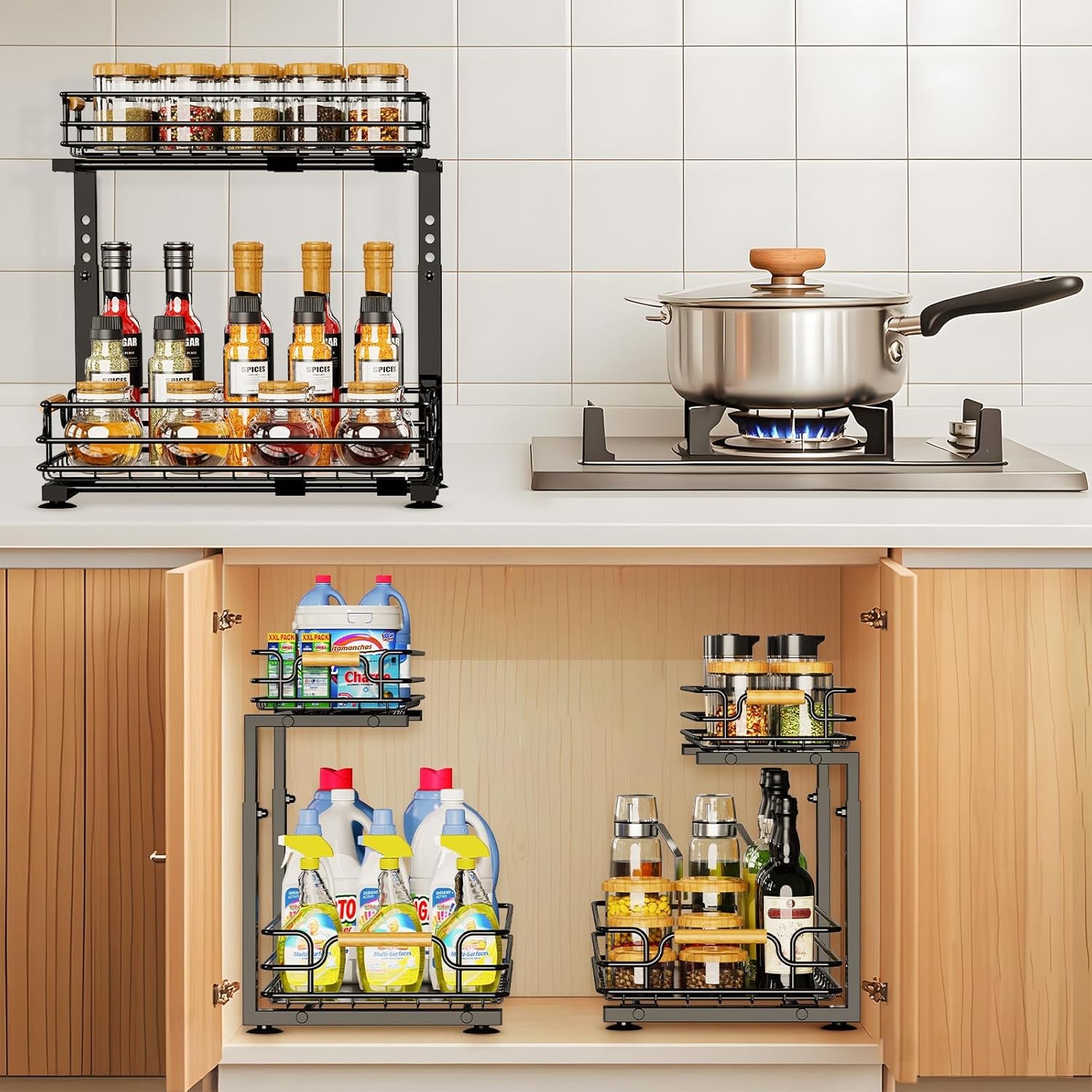 JYPS 2 Pack Under Sink Organizer, 2 Tier Pull out Kitchen 2-Pack, Black 