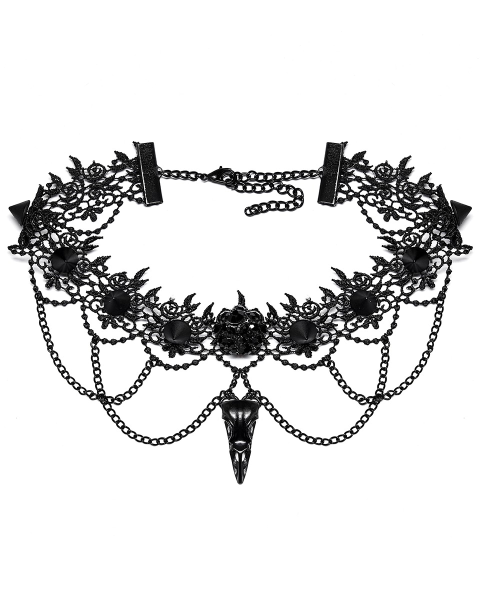 Punk Rave Gothic Bird Skull Choker Necklace Collar Studded Black Lace Chain