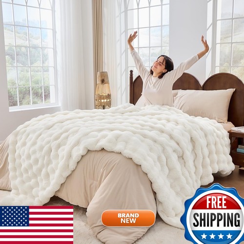 Jeyfull Fluffy Faux Rabbit Fur Throw Queen Size 90''x90'' Cream White ...