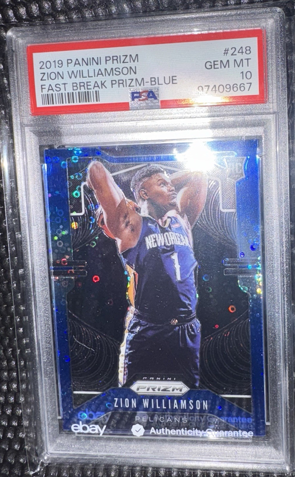 ZION WILLIAMSON 2019 PANINI PRIZM #249 BLUE FAST BREAK ROOKIE RC /175 PSA 10 GEM