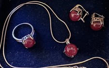 Sterling Silver Natural Ruby Cabochon Set Ring Size 5.75 Necklace 18” Earrings