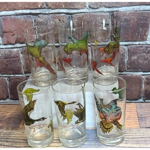 6 Vtg Federal Glass Game Bird Glasses 5.5 Inch Pheasant Grouse Wild Geese MCM