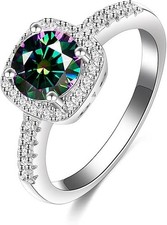 925 Sterling Silver Rainbow VVS1 Real Moissanite Halo Ring Wedding Band Size 7