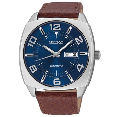 SEIKO Men's SNKN37 Recraft Blue Dial Automatic Day Date Leather Strap Watch