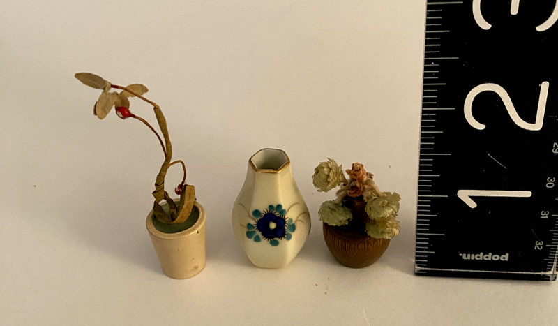 Miniature 19th cAntique lot: 2 German doll house plants,  rare mark Japanes vase