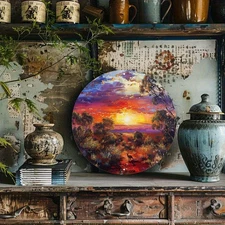 1pc Australian Outback Sunset Metal Wall Art - Round Aluminum Sign with Vibrant