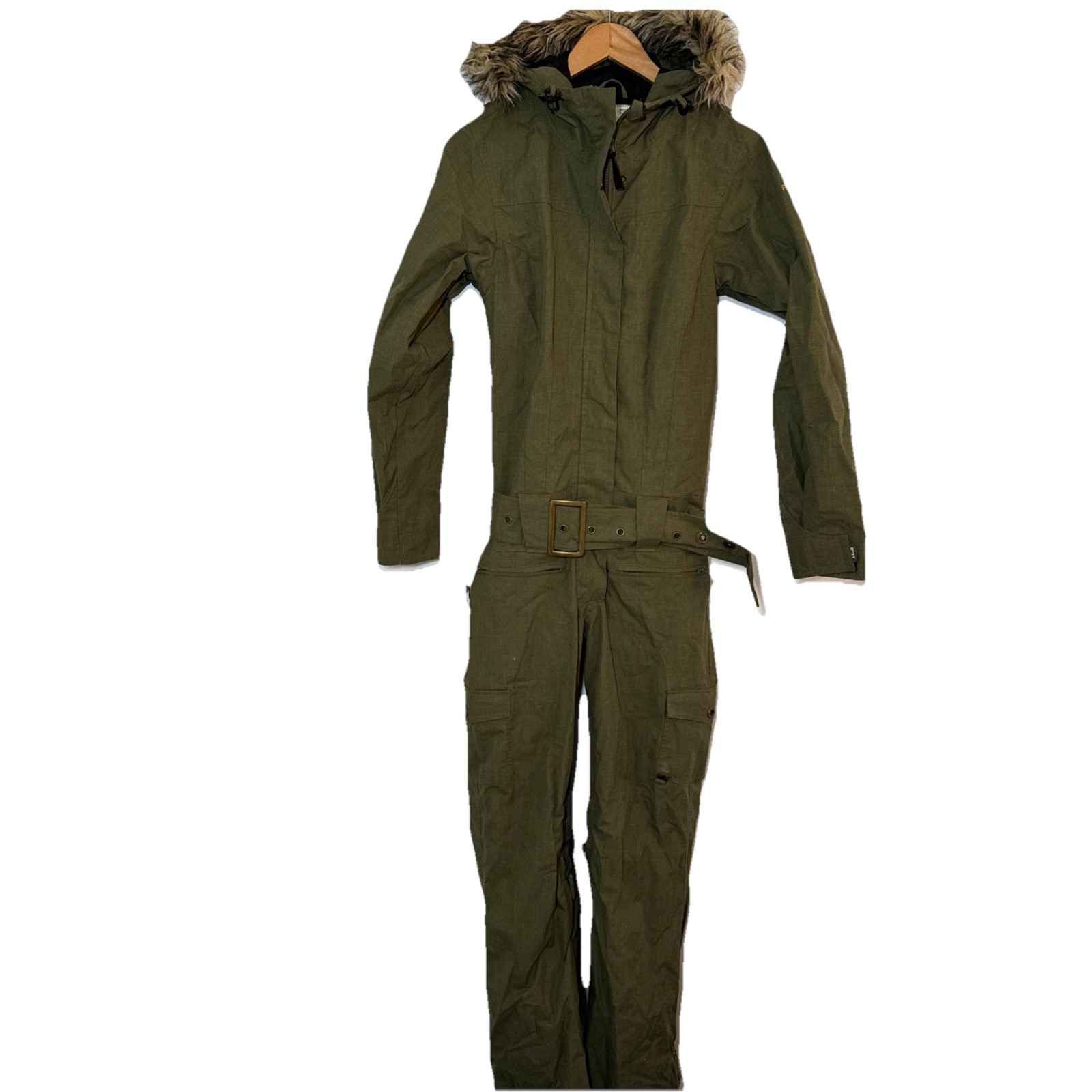 Mono de nieve Roxy traje de nieve verde oliva para mujer XS cuello forrado de piel Y2K
