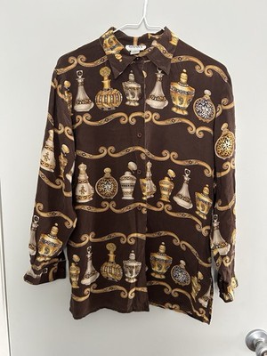 Vintage Gianna Exclusive V2 100% Silk Blouse Baroque Perfume Print 90s Luxe M