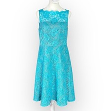 Calvin Klein A-Line Dress Women 8 Blue Lace Illusion Neck Sleeveless Knee Length
