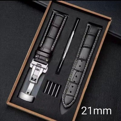 Crocodile Embossed Watch Strap D-Buckle Black White Stitching 21mm
