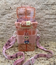 Labubu Pink Cartoon Kids Water Bottle. Square Design. Flip Top Lid Straw  Strap