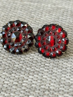 Antike geformte Granat Glas Schraub Cluster Ohrringe Sterling