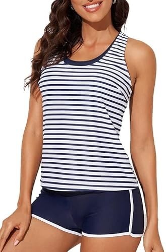 Women 3 Piece Tankini Swimsuit Tank Top Sports Bra Shorts Stripe Blue UK 16 - Picture 1 of 10