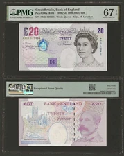 GERAT BRITAIN 20 Pounds 1999-2003 P-390a B386 Lowther, PMG 67 EPQ Superb Gem UNC