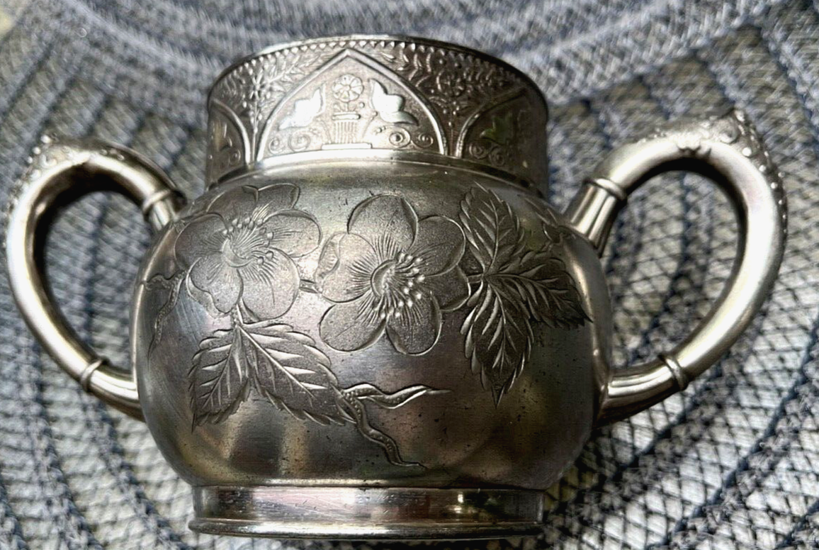 ANTIQUE HARTFORD SILVER PLATE CO. QUAD. PLATE FLORAL SUGAR