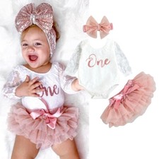 Newborn Baby Girls My 1st Birthday Romper Tutu Skirts with Headband 3PCS Outfits