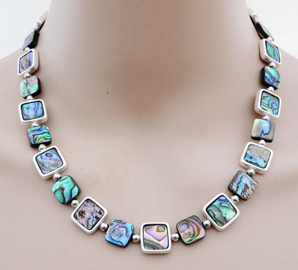 Halskette Quadrat Abalone Paua Muschel, Rahmen 925 Sterling versilbert 365a - Bild 4 von 4