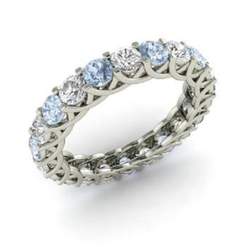2.64Ct Round Natural Aquamarine Diamond Eternity Engagement Band 14K White Gold