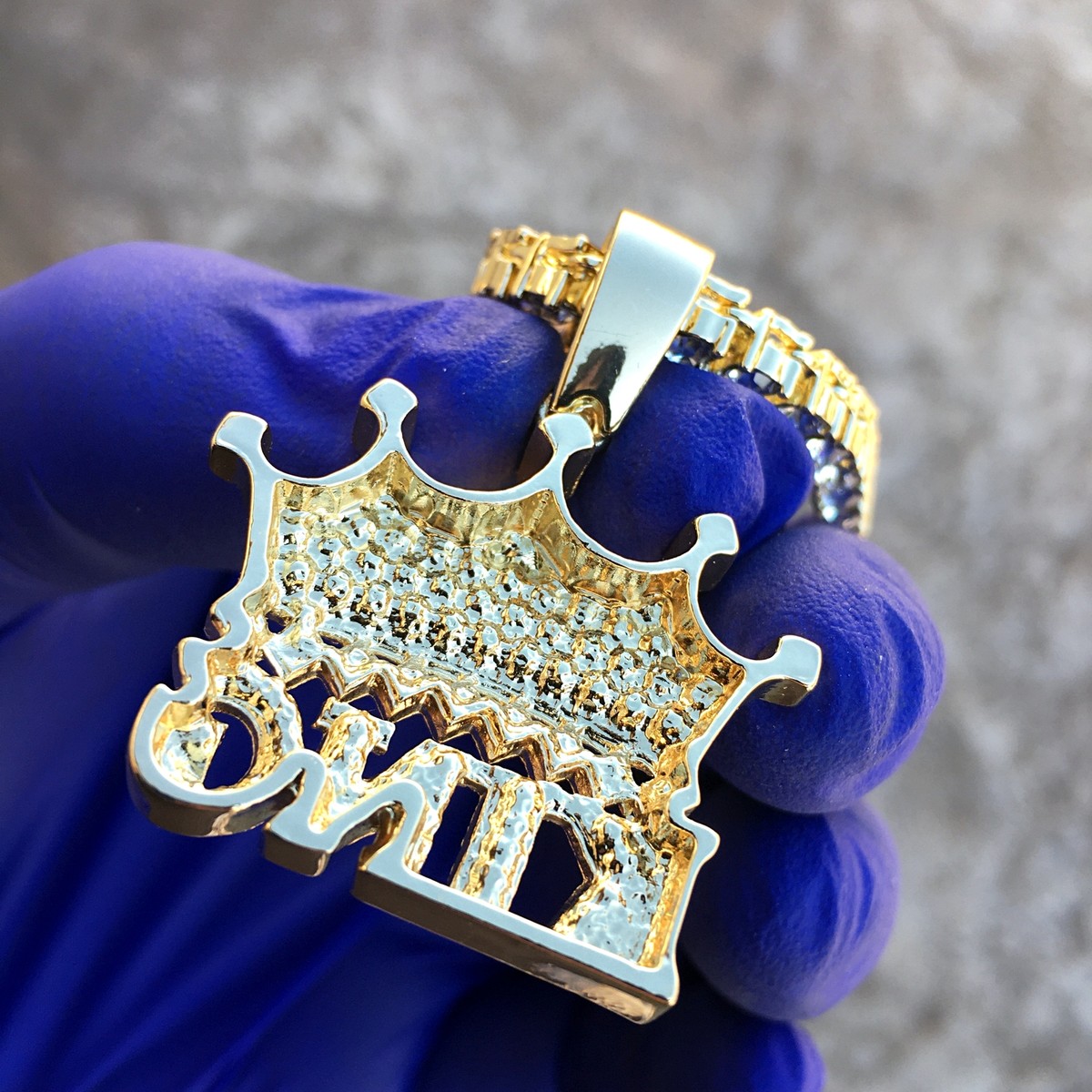 14k Gold Plated Crown King Pendant Tennis Chain Iced Bling