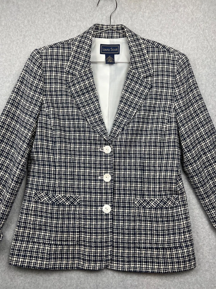 Abrigo Blazer Laura Scott Mujer Talla 12 Seda Mezcla Algodón Tweed Cuadros Trabajo Carrera Foto 2 de 4