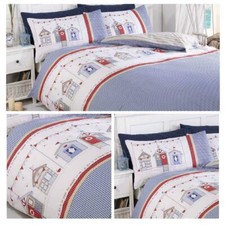 Blue, Red & White Reversible Seaside Beach Huts Nautical Stripes Duvet Cover Set