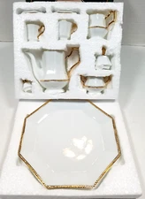 Vintage Fine Porcelain 10 Pcs Miniature Tea Set White with Gold trim