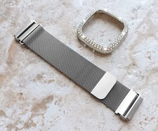 Silver Milanese Band and Crystal Case Cover for Fitbit Versa 2 3 4 and Sense 1 2
